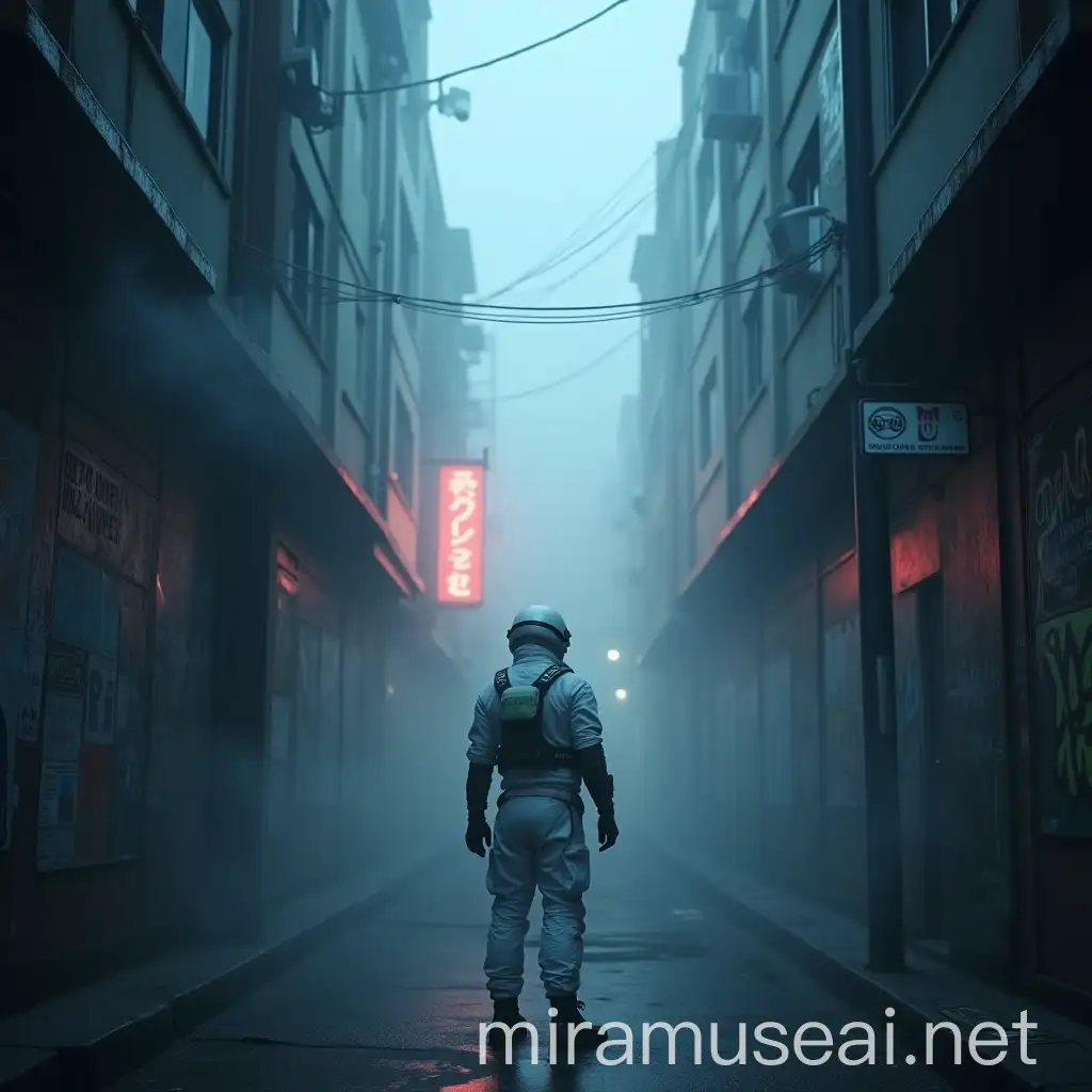 Futuristic NeonLit Alley with Graffiti and Fog