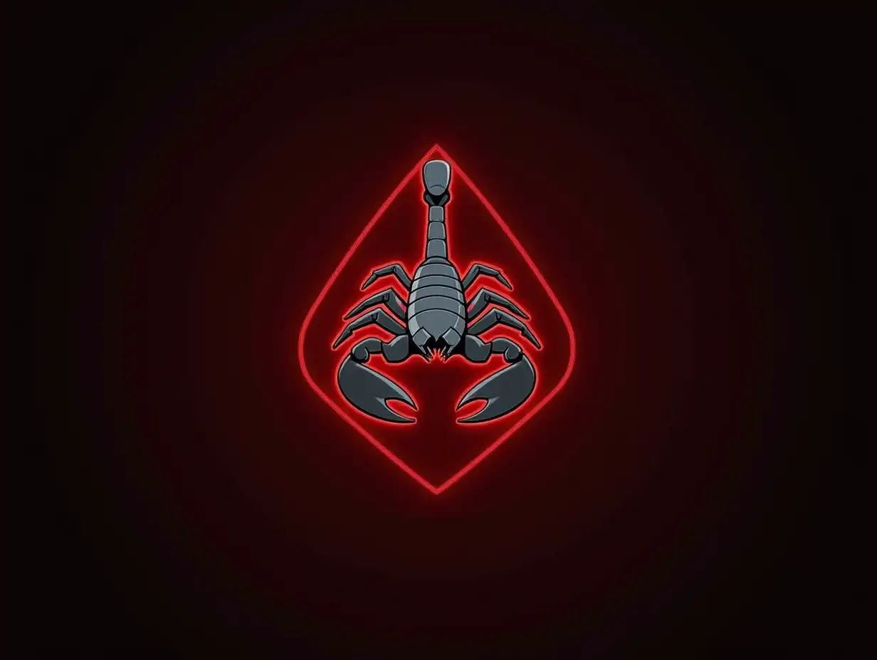 gaming logo, red neon, grey scorpion, front view