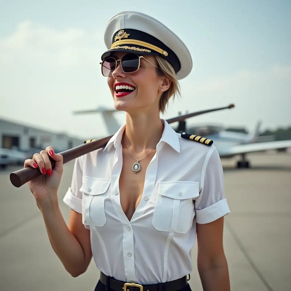 norvegian lady , in white casually pilot uniform unbuttoned shirt, laughing with her mouth open, red lipstick accentuating her smile,belt on waist, big wide hips, chest are fully grown, jewerly, short hair, HD, holds long riding crop, airport, photo-realism