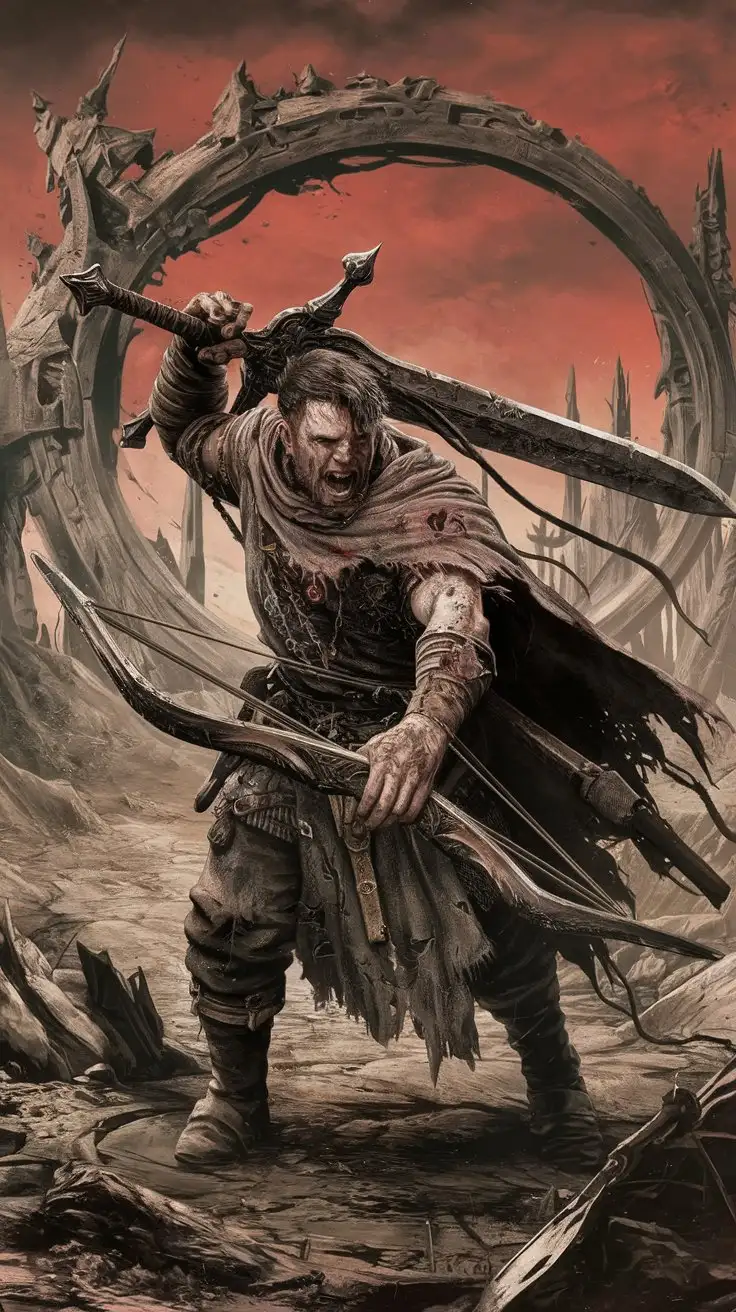 Slave Knight Gael, hunched and weathered, wielding his massive greatsword and crossbow.  His cloak is tattered, and he is surrounded by the remnants of devoured worlds – ash and broken landscapes. Background:  The Ringed City, at the end of time, a desolate wasteland of ash and ruins under a blood-red sky. Style: Dark fantasy, apocalyptic, weathered warrior, desperation, bleak, Frank Frazetta inspired, gritty texture, muted, desaturated colors.