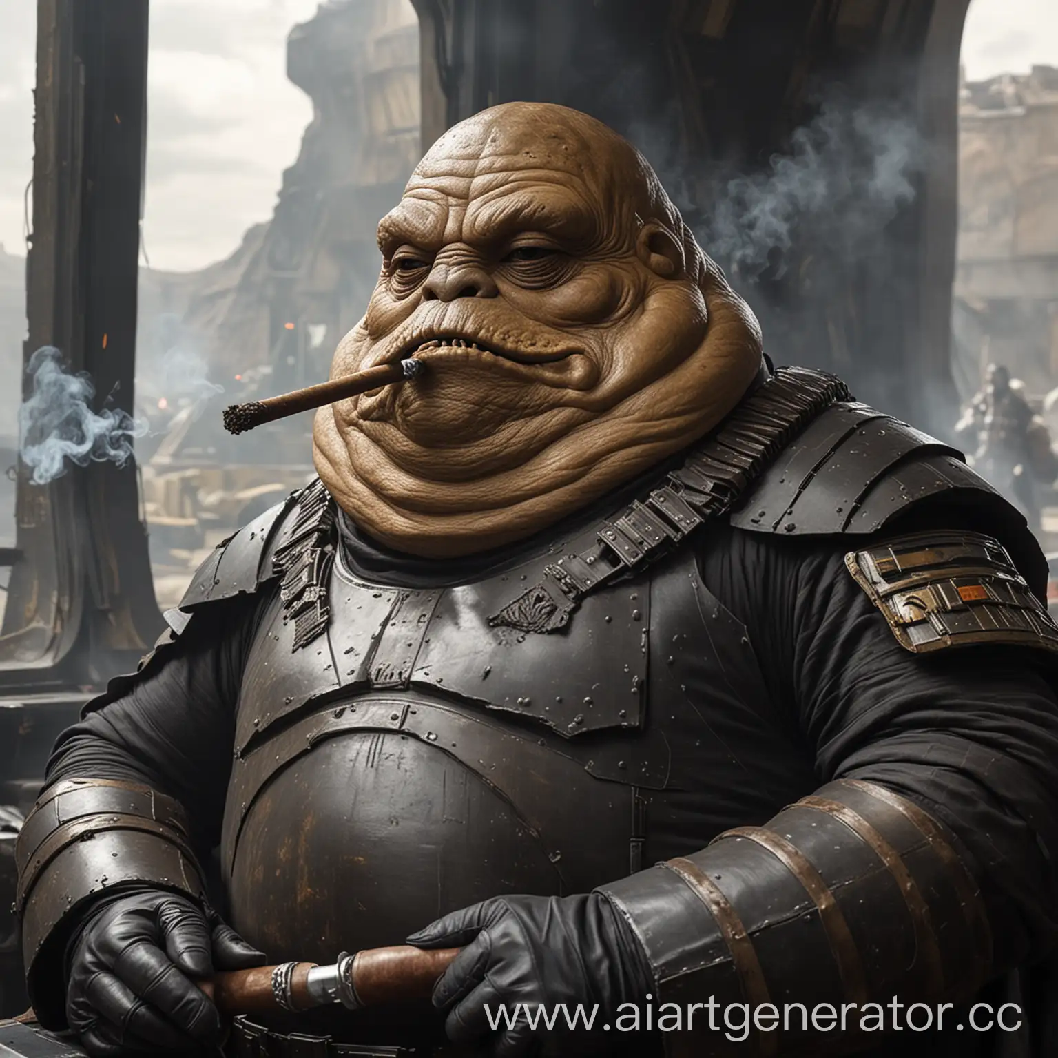 Bald-Hutt-in-Black-Armor-with-Battle-Axe-and-Cigar-on-Starship