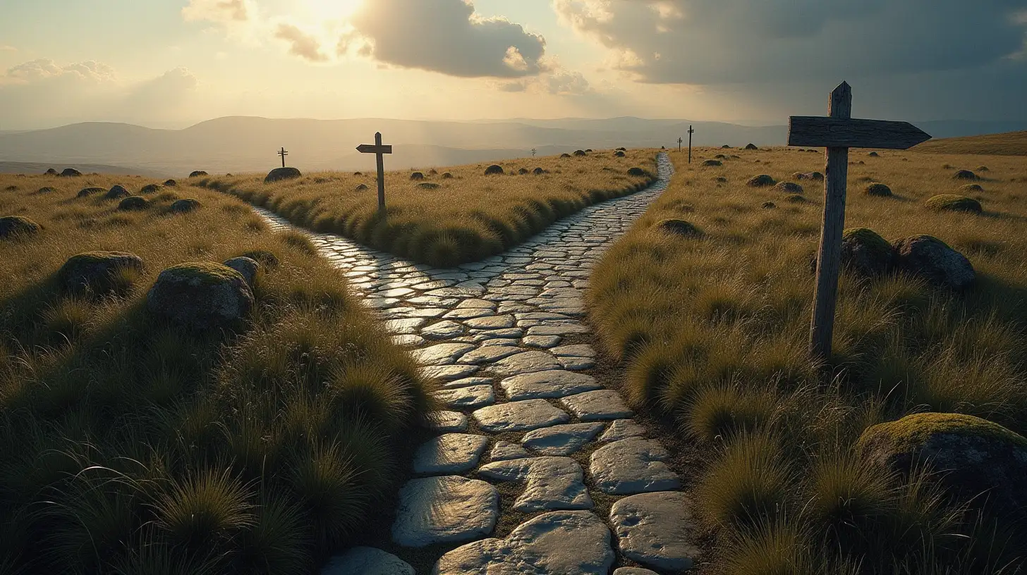 Wilderness Stone Path Splitting with Signpost in Magnificent Sky