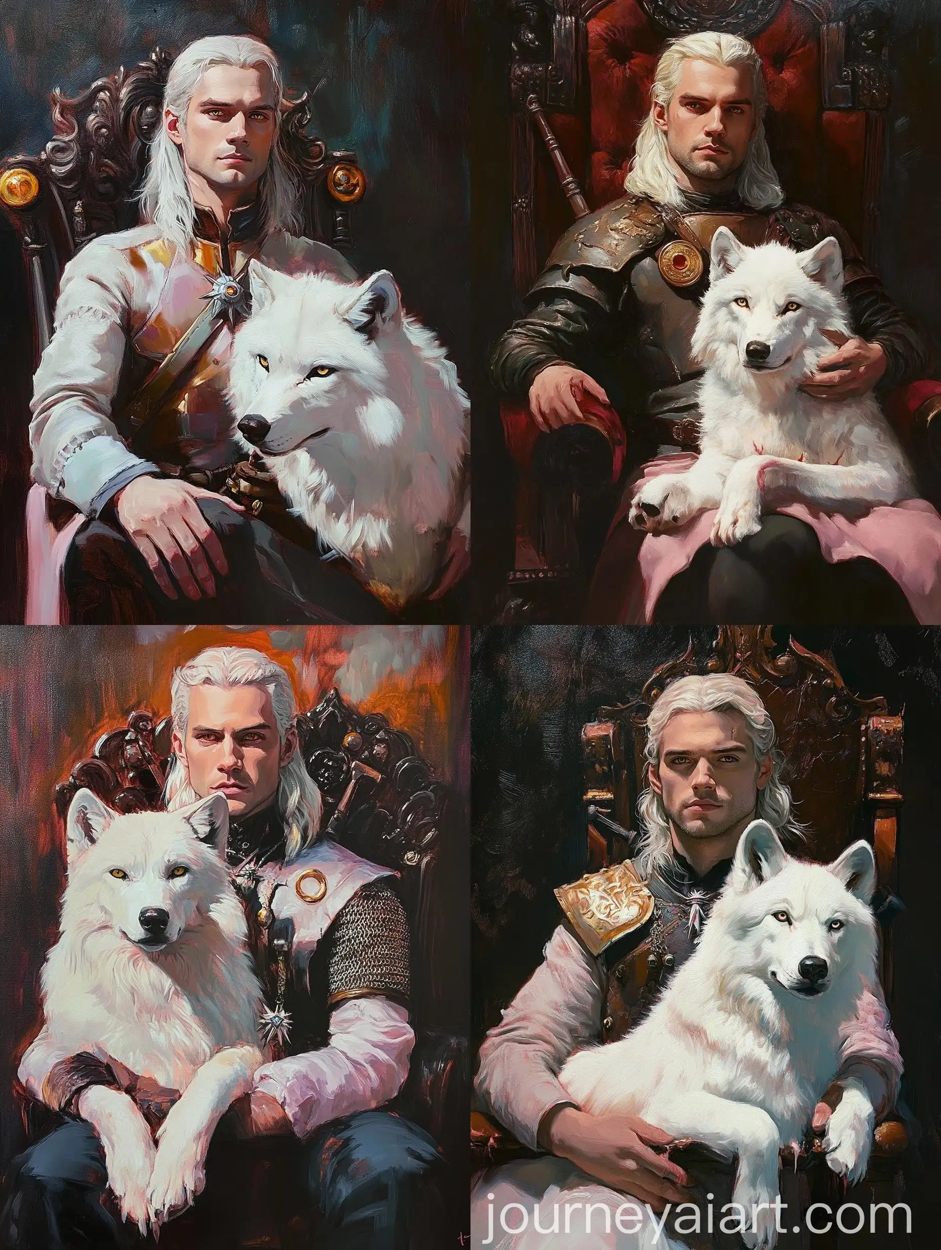Henry-Cavill-as-Witcher-Sitting-on-Throne-with-White-Wolf-Oil-Painting