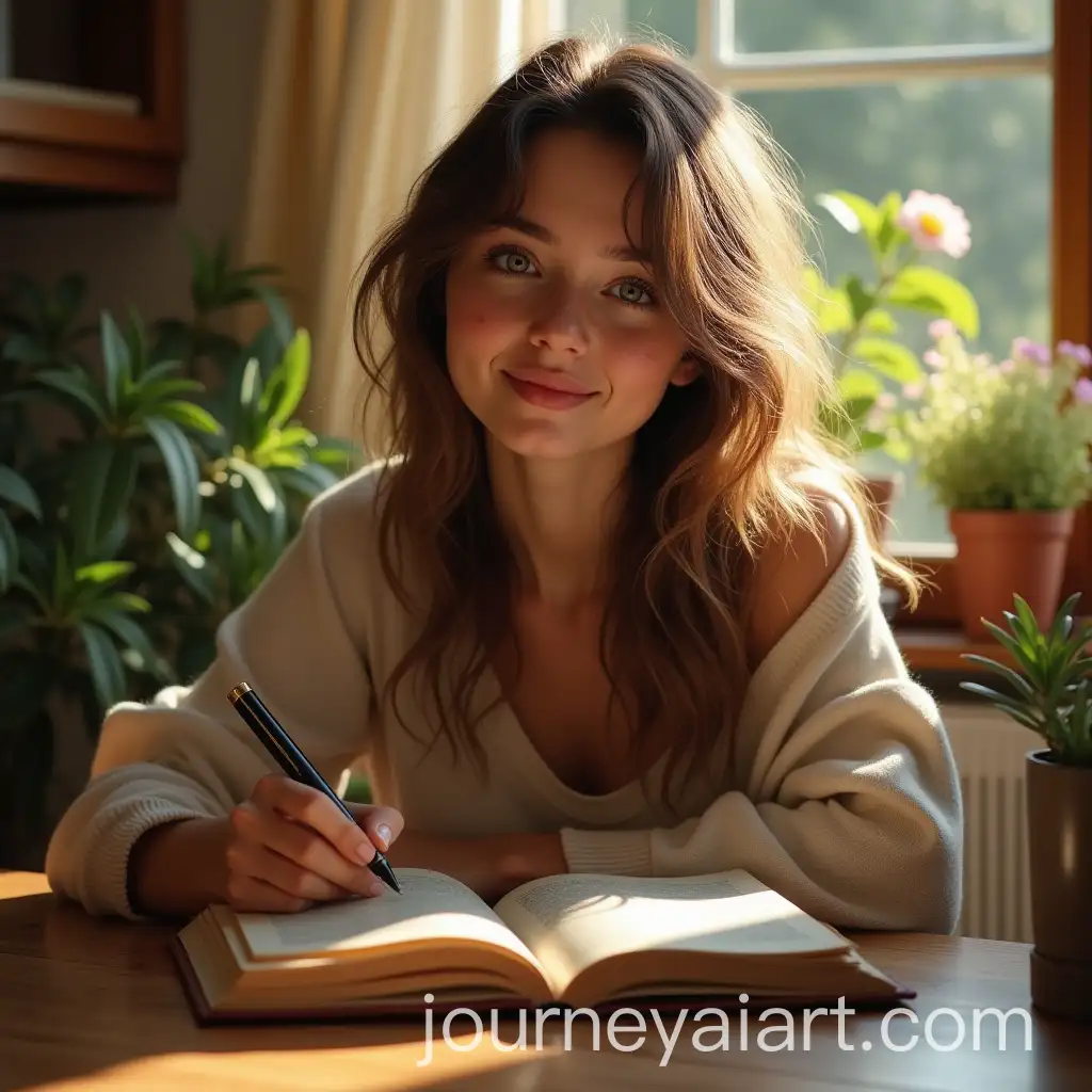 Young-Woman-Writing-in-a-LeatherBound-Diary-by-Sunlit-Window