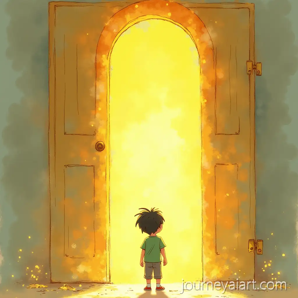 Toddler-Boy-Imagining-Play-in-Front-of-Magical-Golden-Door-in-Pastel-Watercolor