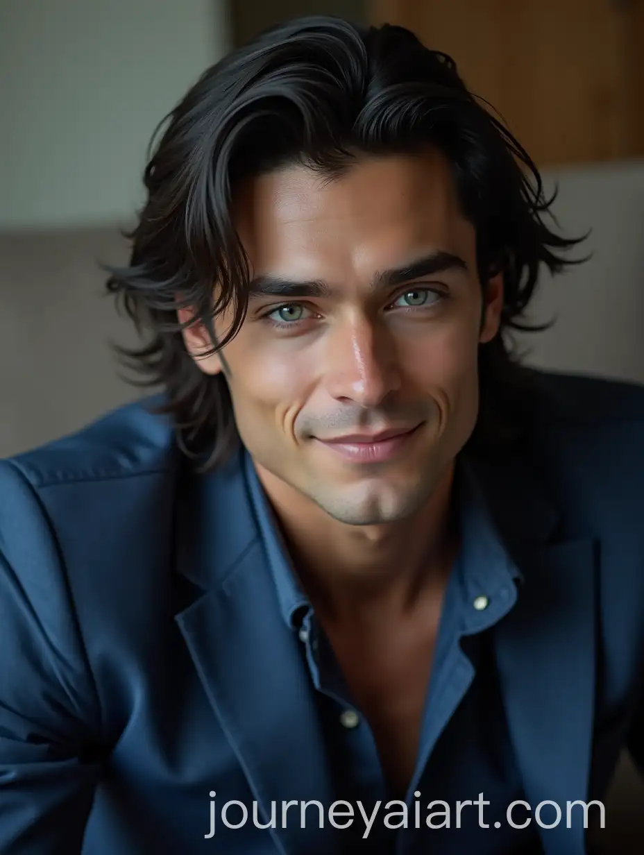 Man-with-Black-Hair-in-Sports-Suit-Sitting-on-Sofa-with-Wink-and-Smile