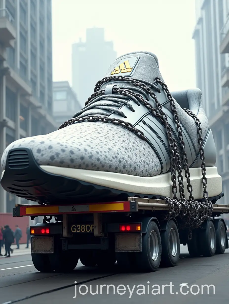 Massive-Adidas-Sneaker-Transported-by-Hauler-Through-Bustling-City