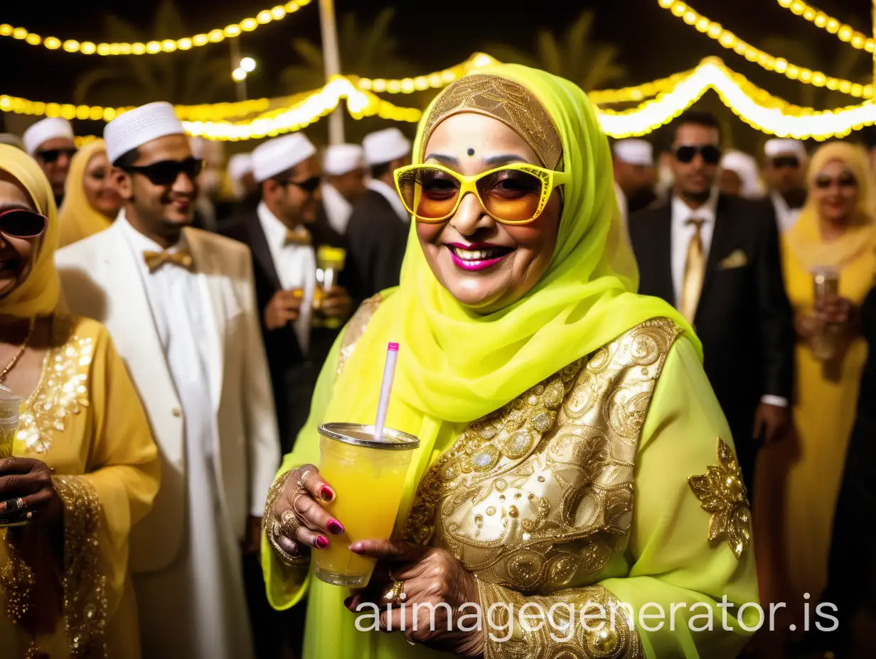 Elegant-Muslim-Woman-in-Neon-Yellow-Hijab-at-Night-Wedding