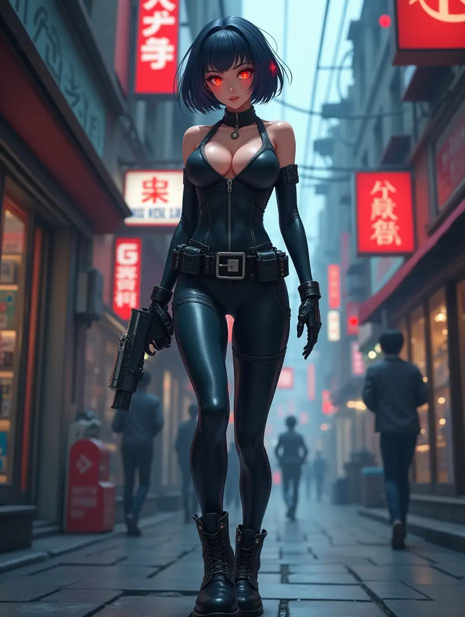 Short hair, mature Asian woman thief cyber runner in a dynamic full-length pose, eyes with red electronic pupils, large breast, extreme skintight body glove zipped down with cleavage, combat boots and combat belt. Full view of her body from boots up, low wide angle. Future store filled city alley street. Anime