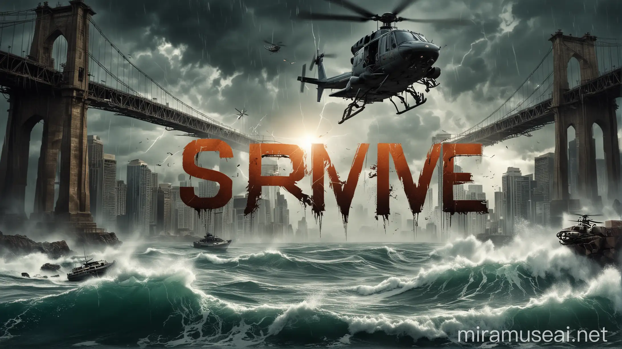 Action Movie Poster Surviving Sea Storm with Helicopter and Collapsing Bridge