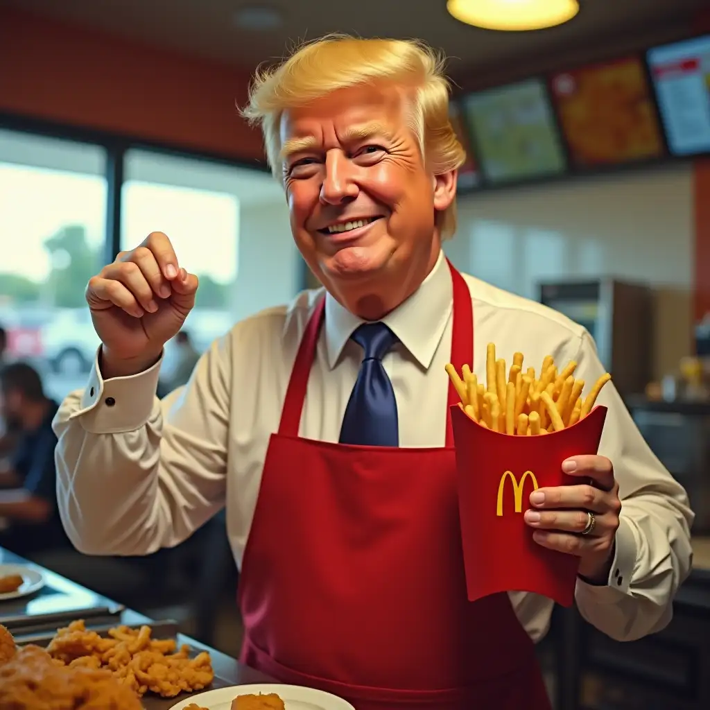 Donald trump working at McDonalds; apron; fries in hand