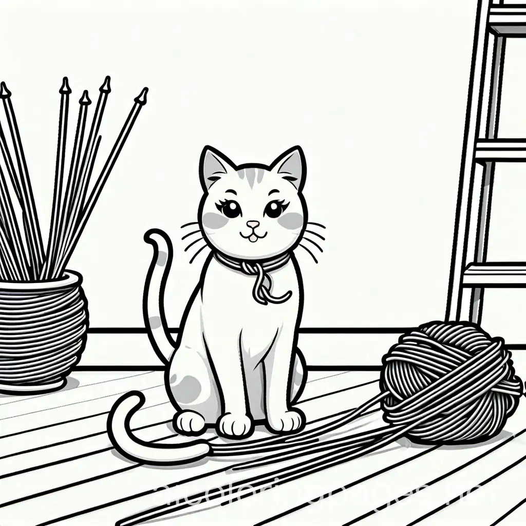 cute cat playing a yarn in a room, Coloring Page, black and white, line art, white background, Simplicity, Ample White Space