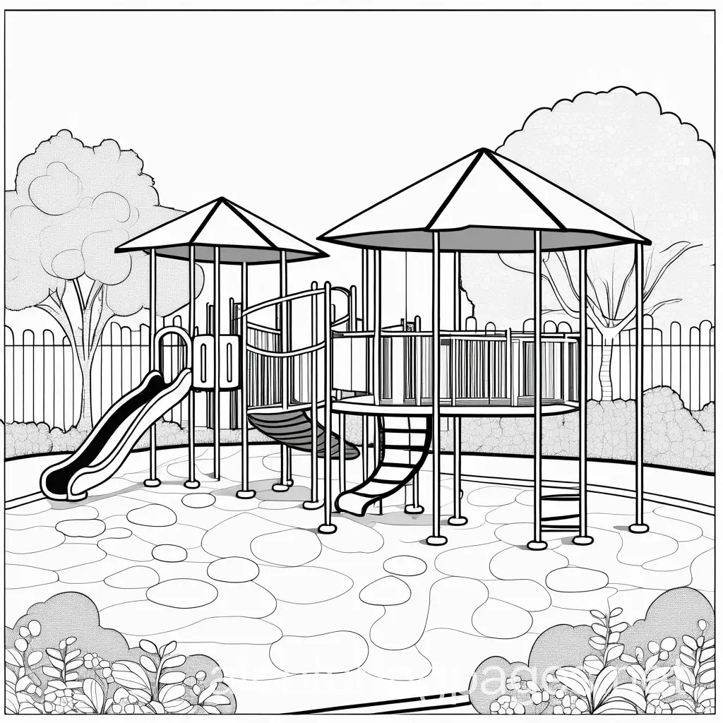 inclusive playground drawing, Coloring Page, black and white, line art, white background, Simplicity, Ample White Space. The background of the coloring page is plain white to make it easy for young children to color within the lines. The outlines of all the subjects are easy to distinguish, making it simple for kids to color without too much difficulty