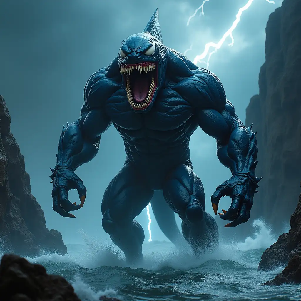 A horrifying hybrid creature combining the menacing features of Venom and a shark. It has the powerful, muscular build and humanoid form of Venom, but its skin is textured with shark-like scales and a dorsal fin runs down its back. The creature’s head is a blend of Venom’s sinister grin and a shark’s massive jaws, filled with multiple rows of jagged teeth. Its hands are clawed and webbed, and its tail ends in a fin. The background is a dark, stormy seascape, with lightning striking the churning ocean and shattered cliffs, reflecting the beast’s monstrous and dangerous presence.