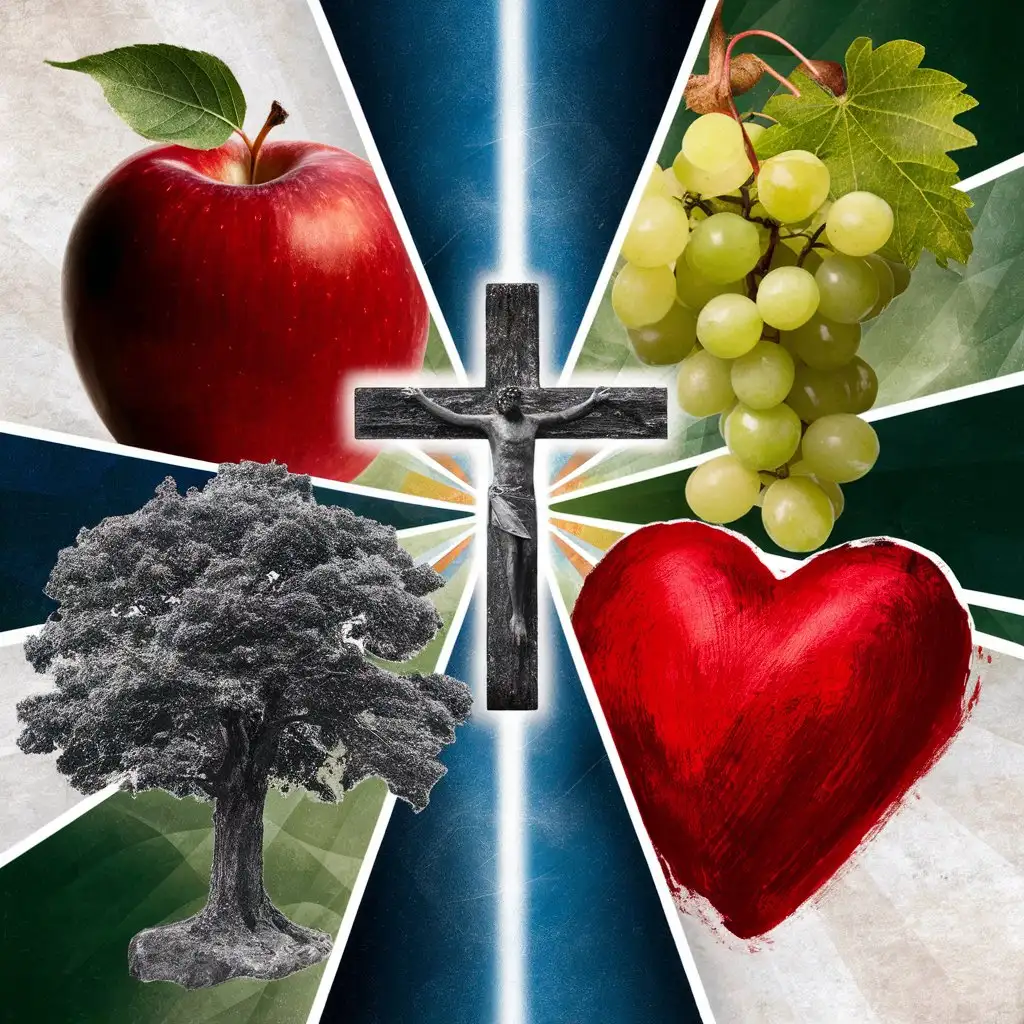 Symbolic Collage of Nature and Faith Apple Cross Grape Vine Tree Heart and Light