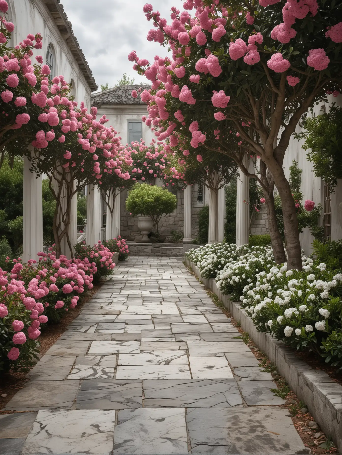 Stone Terrace with Blooming Crepe Myrtles and Marble Walkway