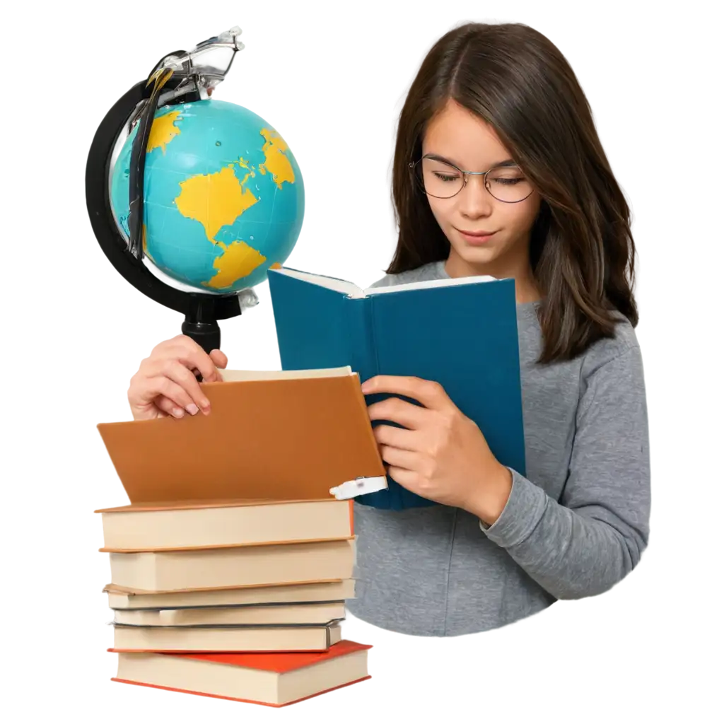 Student-Exploring-Books-with-Magnifying-Glass-Globe-and-Brain-PNG-Image-Concept