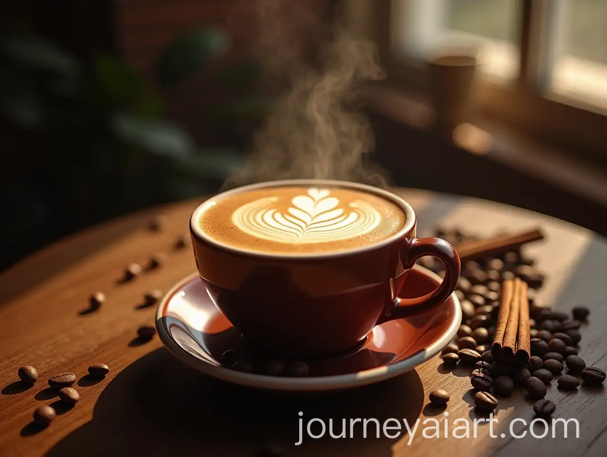 Steaming-Cup-of-Coffee-with-Intricate-Latte-Art-on-Rustic-Wooden-Table