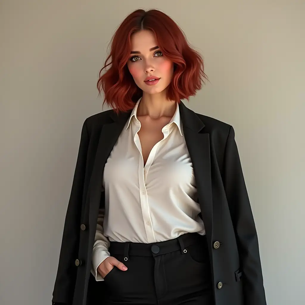 (best quality,4k,8k,highres,masterpiece:1.2),ultra-detailed,(realistic,photorealistic,photo-realistic:1.37),portrait, mid-twenty woman, 27 years old, white blouse, black coat, black pants, medium dark red bob hair, fair skin, red eyes, soft pink lips, curvy, hourglass-shaped figure, large breasts, waist-up, bright and warm tone, soft lighting