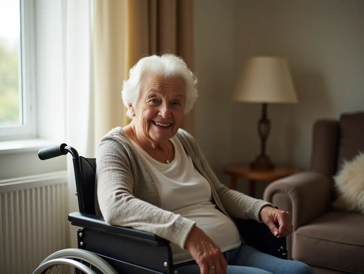 Elderly woman sits in a wheelchair at home