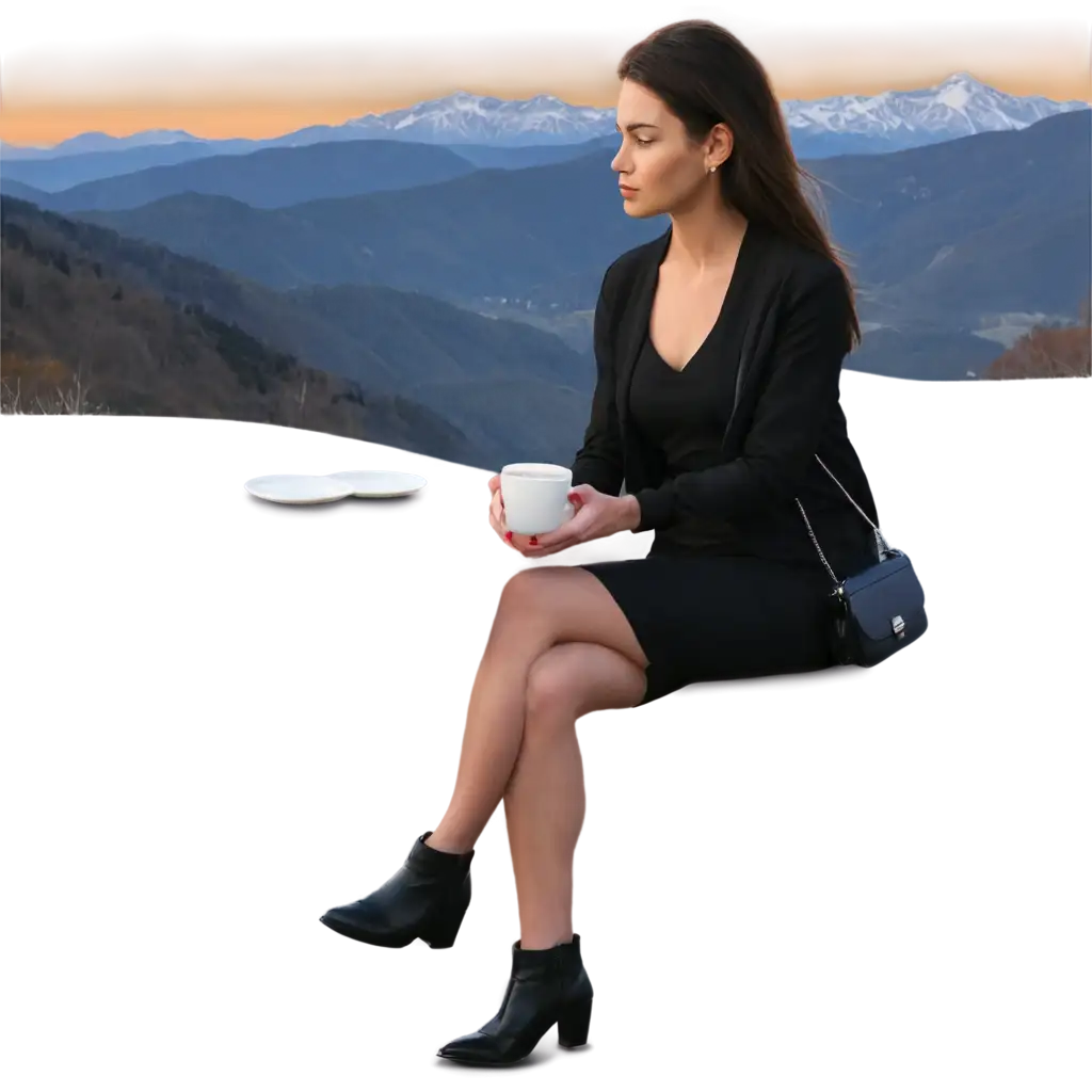 Beautiful-PNG-Image-of-a-Woman-Drinking-Coffee-Against-a-Mountain-Sunset-Backdrop