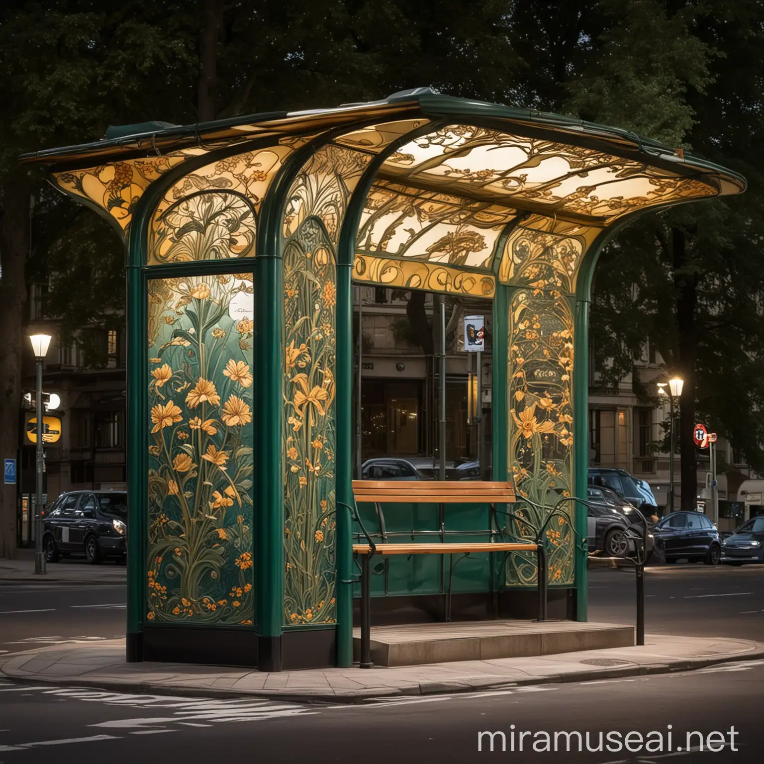 Art NouveauInspired Big Bus Stops at Night