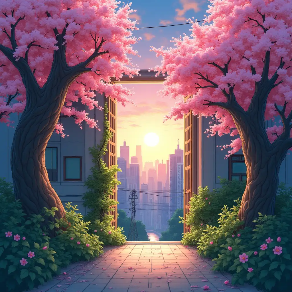 Anime scene of nature opening a door to the cityscape, cherry blossom trees bending towards skyscrapers, strangler figs intertwined with antennae masts, lush greenery sprawling across rooftops, pastel-colored sunset sky meeting urban concrete, manga style, ultra fine, digital painting