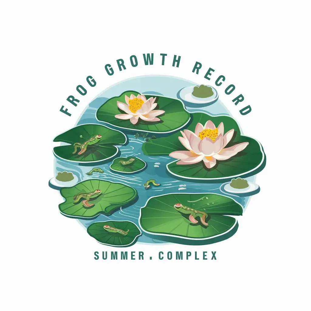 a vector logo design,with the text "Frog growth record", main symbol:A group of small tadpoles swimming around, lotus flowers, summer, pond,complex,clear background