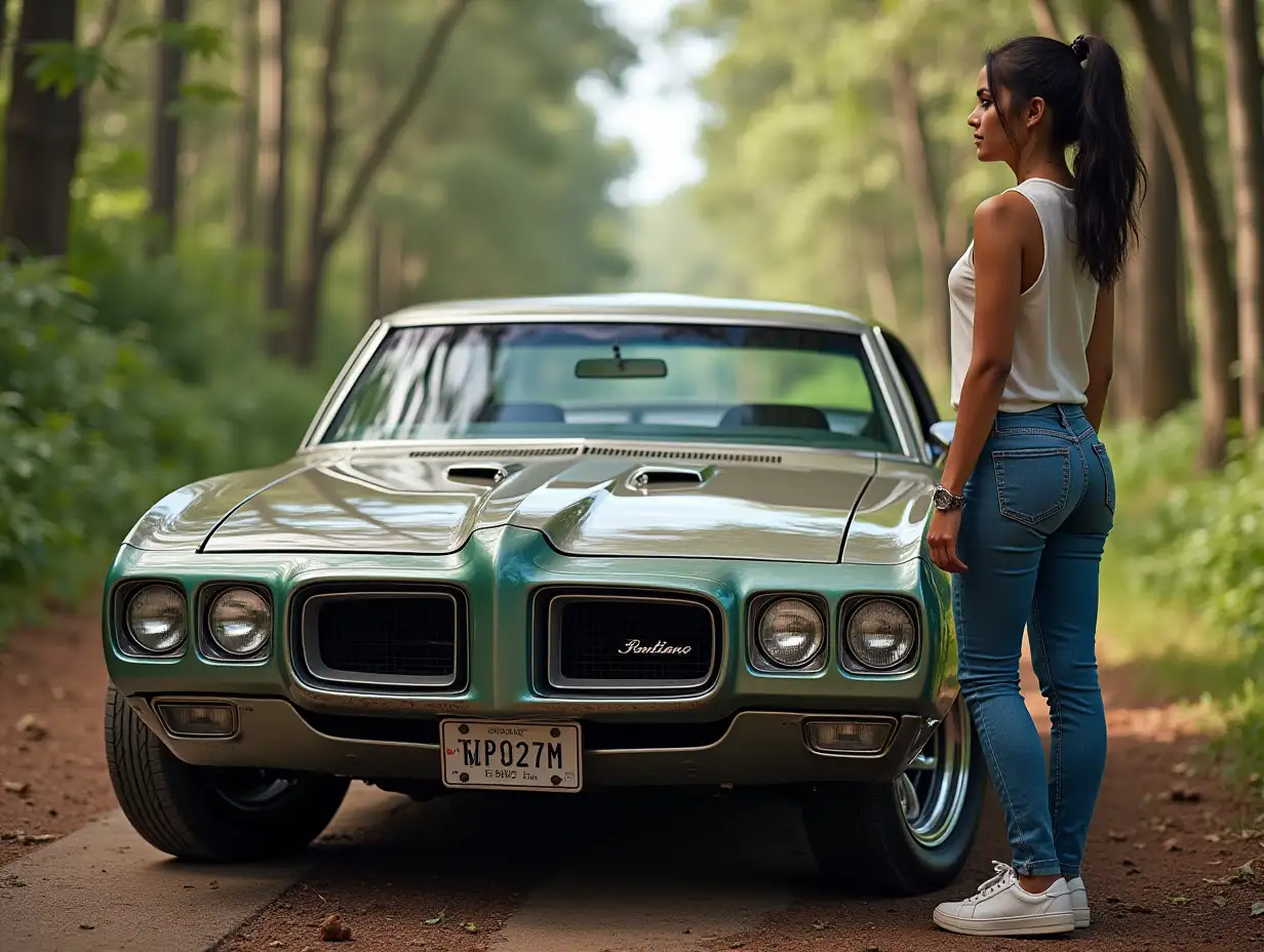 masterpiece, (extremely intricate:1.3), (realistic), best quality, highly detailed, new Pontiac car, Costa Rica woman in jeans standing near the car