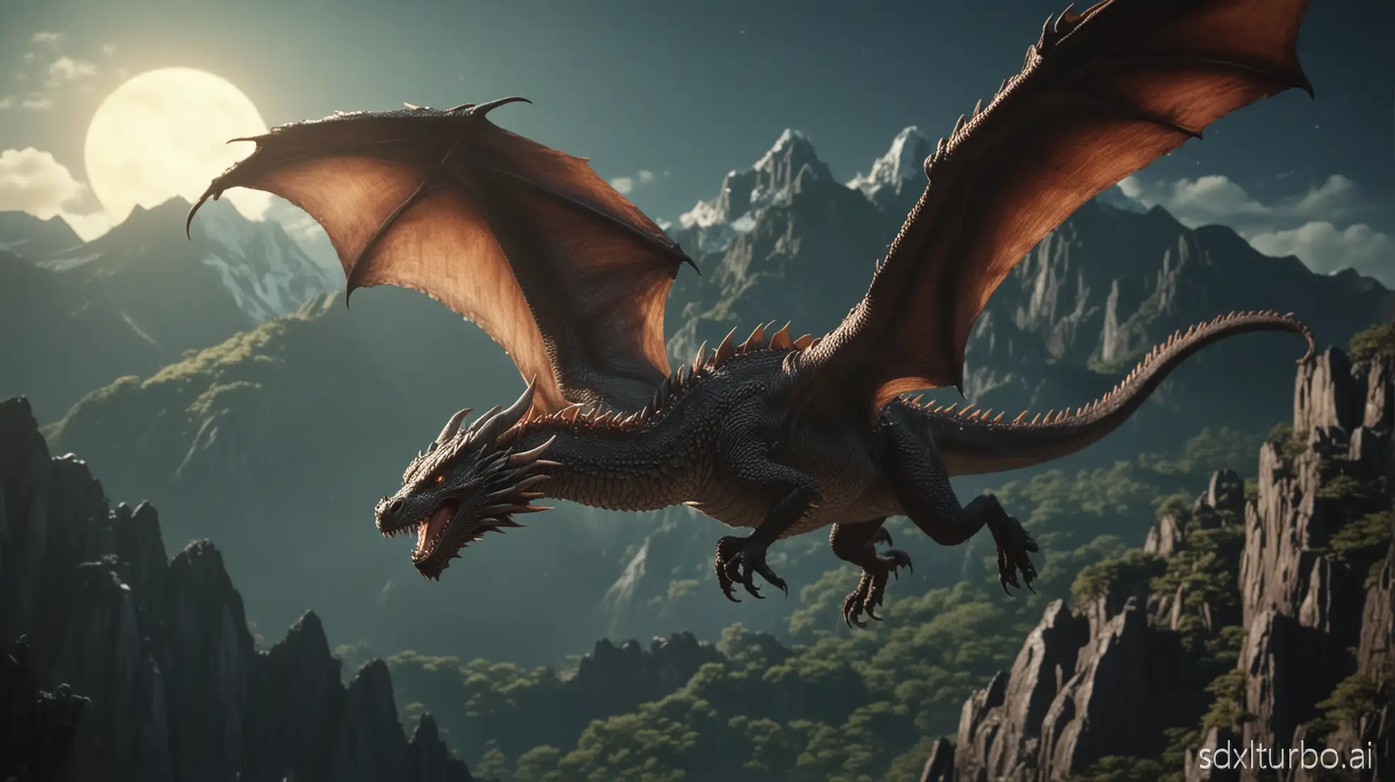 A dragon flying, captured in ultra high-definition, hyper-realistic style. Shot with a 1960s vintage kodak, with shallow depth of field and strong focus on dragons scales. Natural lighting with moonlight. Background is japanese mountains, rendered in cinematic tones. Color grading inspired by anime. High detail texture on scales. Composition follows the rule of thirds.