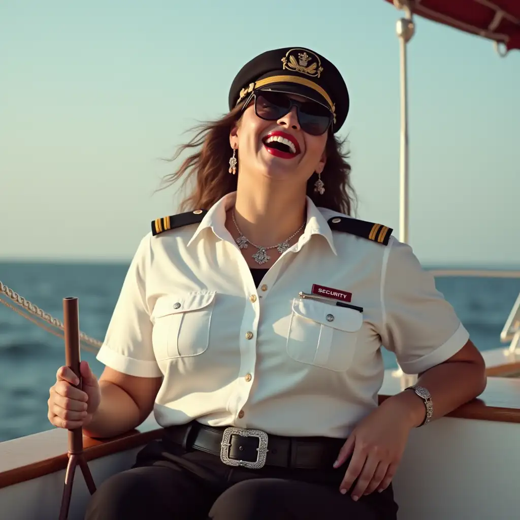 curvy lady , wearing an button-down ship security officer shirt, laughing with her mouth open, red lipstick accentuating her smile, accessorized with a stylish belt, holding a bull-whip, jewerly, white skin, big wide hips, chest are fully grown, pilot sunglasses, smoking cigarette,  sitting on boat