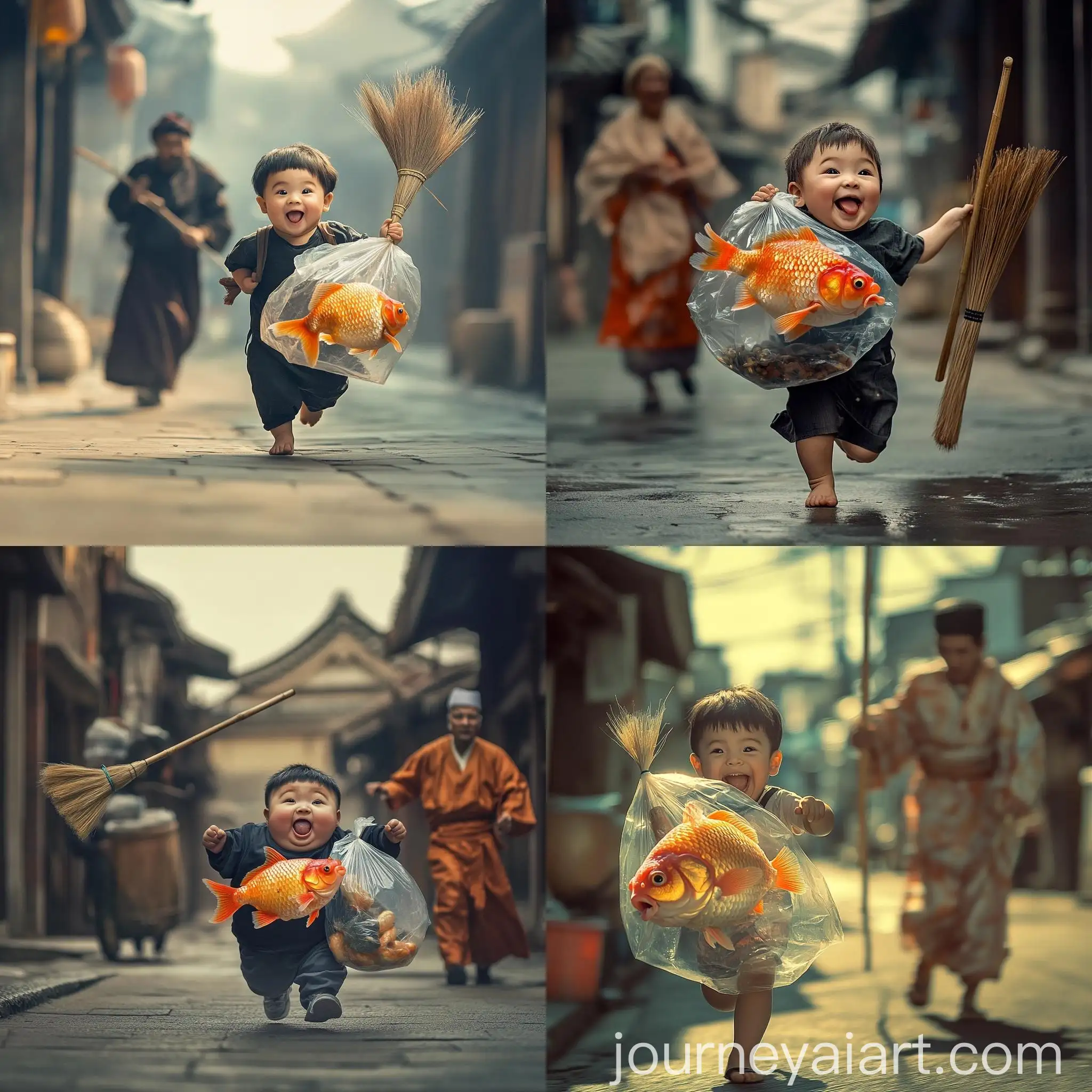 Confident-Child-with-Goldfish-and-Broom-Traditional-Dress-Chase-Scene