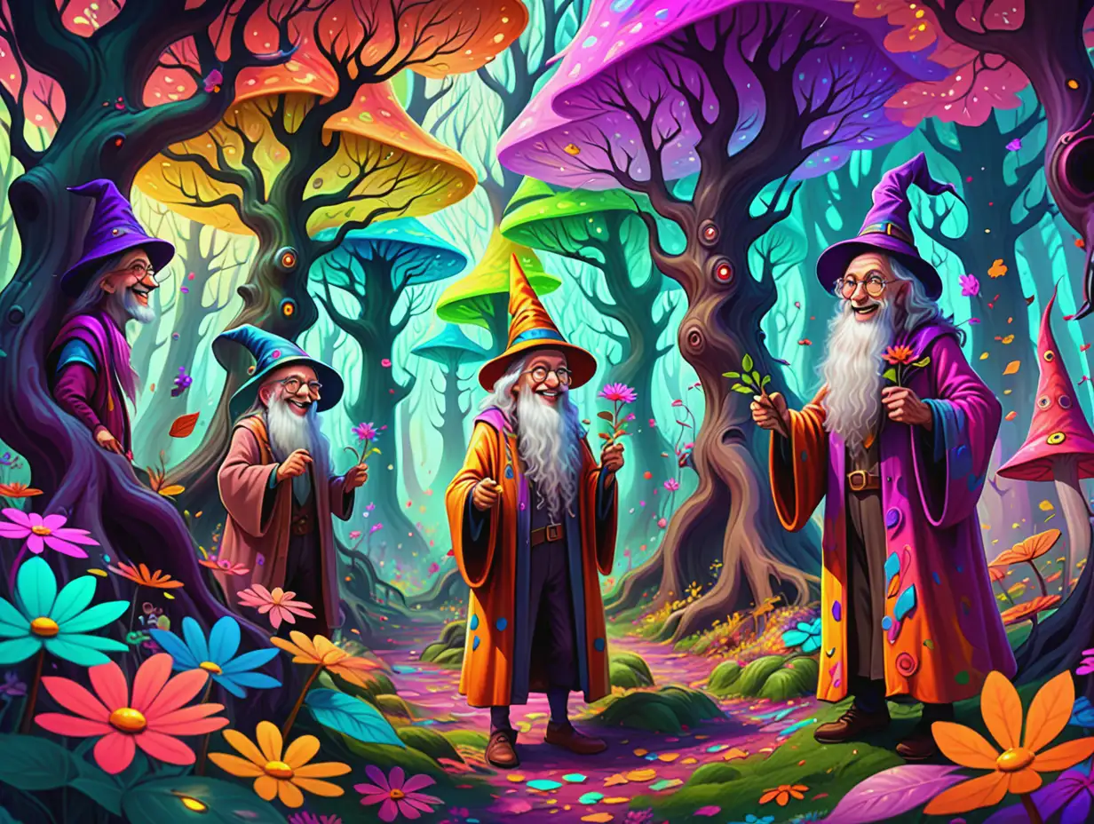 There is a colorful psychedelic forest. The trees are full of leaves and colorful flowers. Some friendly old wizards are smiling at you from a distance