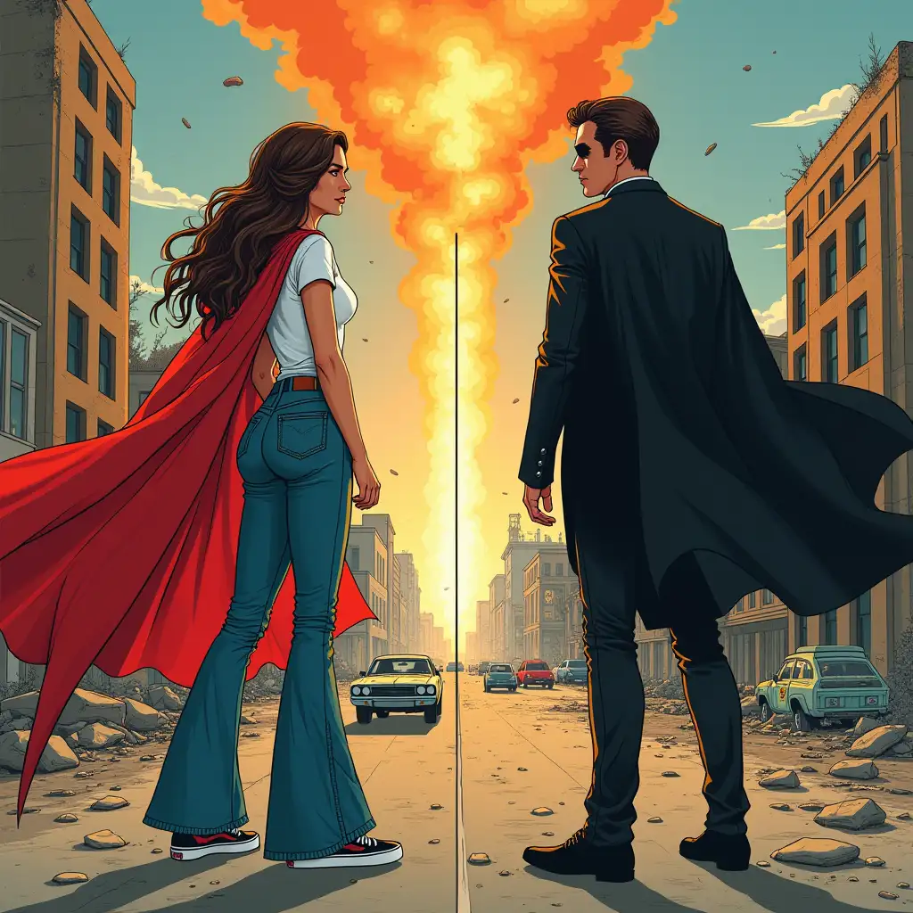 This cover is called mass destruction, the superheroine has long and brown hair, a red cape, bell-bottom jeans and a white t-shirt, Vans shoes, my supervillain has a black suit and black cape and black shoes, brown hair, and there's a line in the middle that separates them, they are in a destroyed city with destroyed buildings and cars and in the sky you can see a meteorite