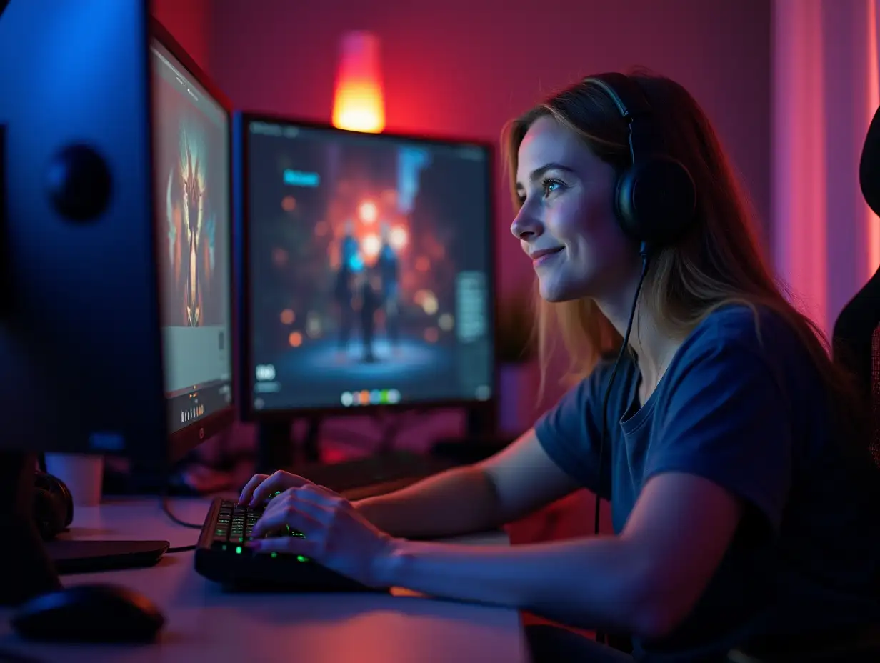 A 21 years old lady do gaming in her Computer in a light environment.