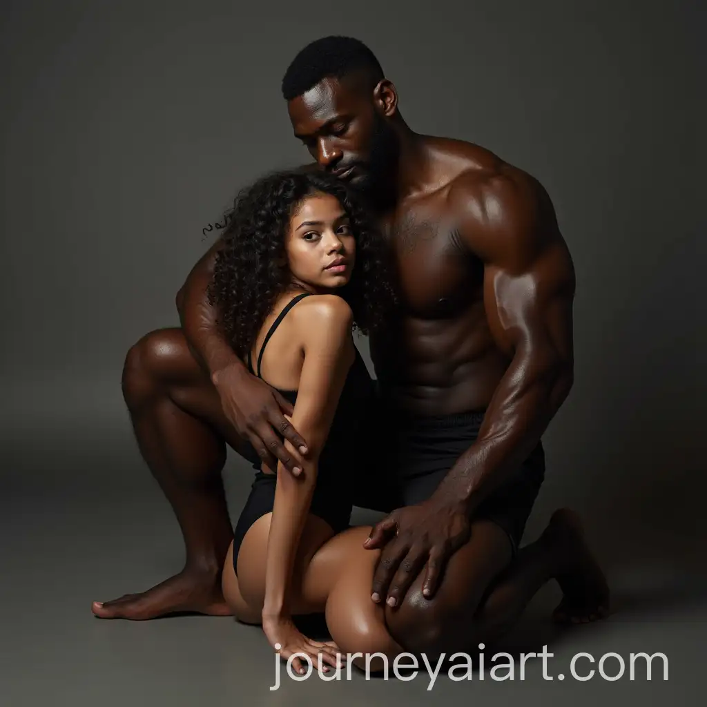 Small-White-BrunetteAI-Image-Prompt-Expansion-Kneeling-Next-to-Muscular-Black-Man-in-Artistic-Setting