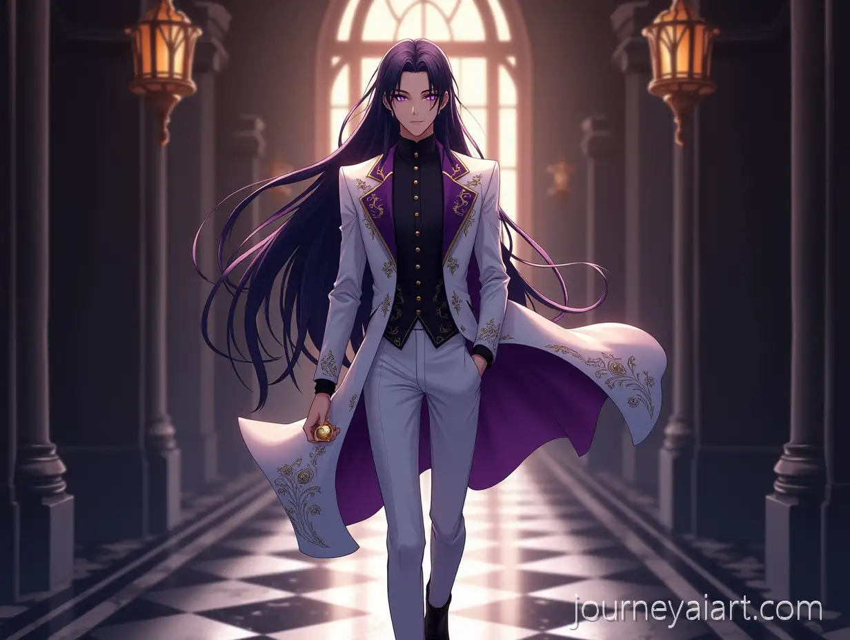 Elegant-Young-Man-in-GothicElegant-young-man-hallway-Hallway-with-Amethyst-Eyes-and-Violet-Suit