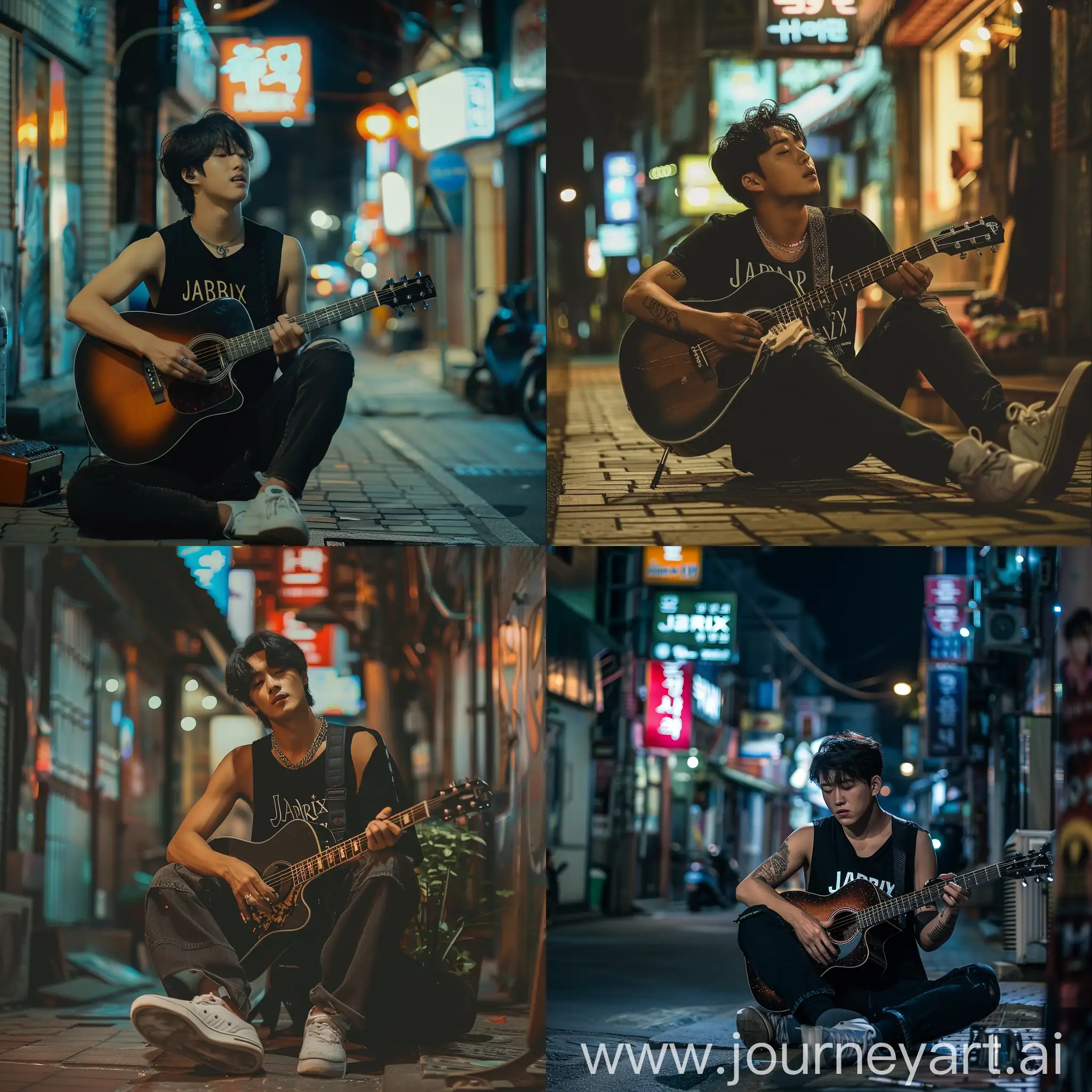 Young-Korean-Musician-Playing-Acoustic-Guitar-in-Old-City-Street-at-Night