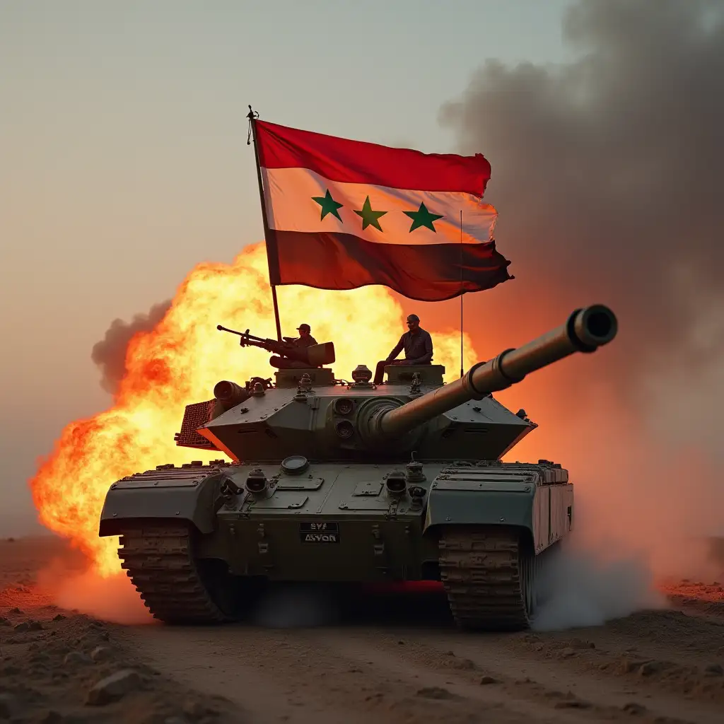 tank with Syrian flag in the middle of fire