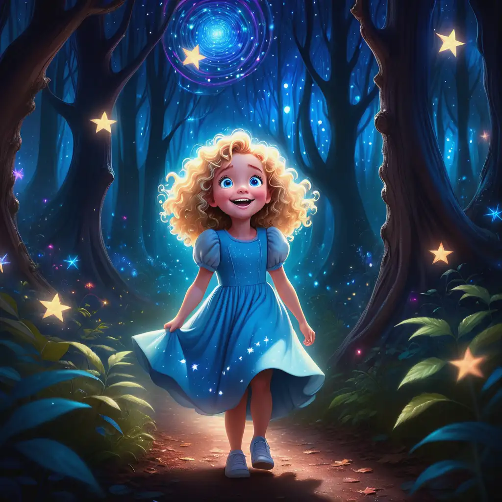 Curious Romy Exploring a Magical Starry Forest