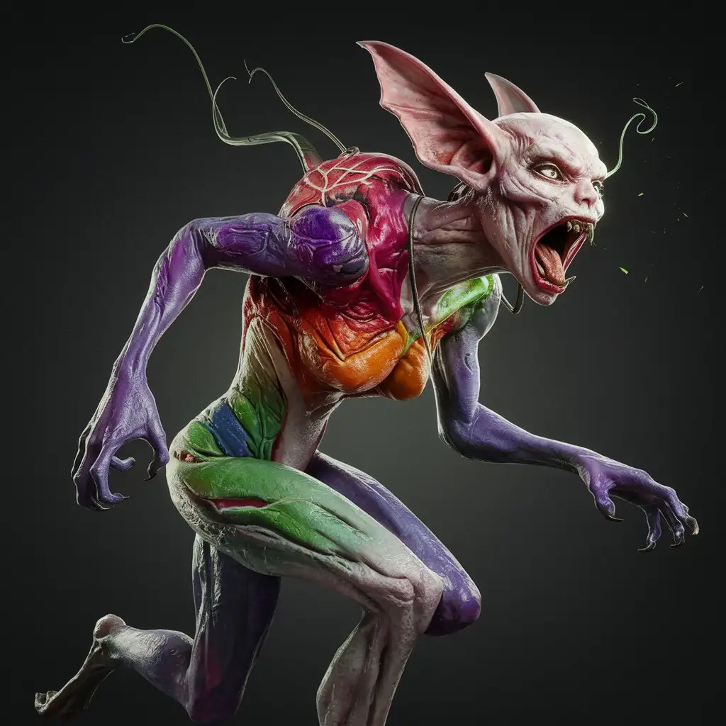 Screamer (Scream) • Type: Mutated humanoid creature with large ears and sharp teeth. • Features: Highly loud scream, disorienting players, in its body there are red purple orange and green colors; fast Roblox physique