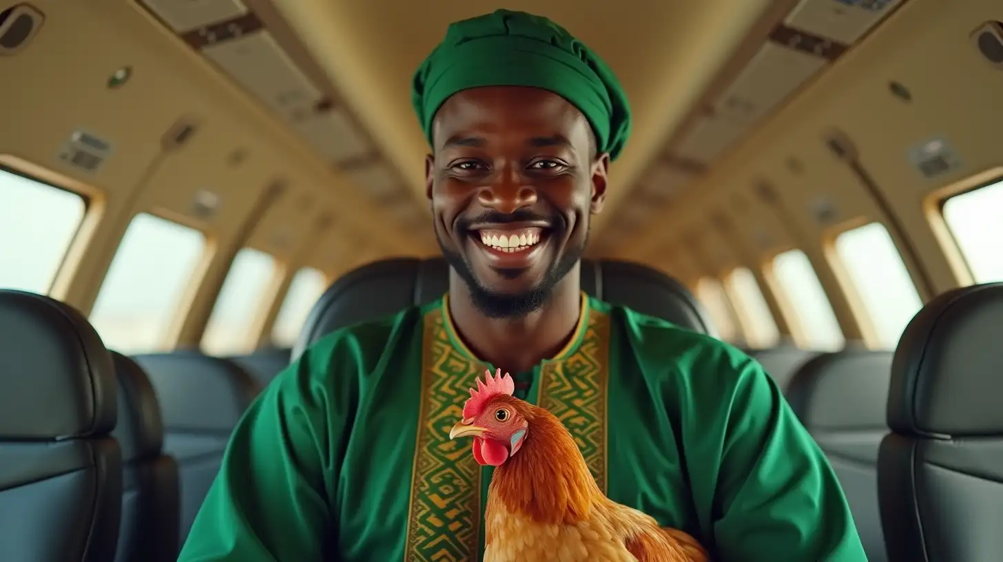 African Man in Traditional Green Outfit Holding Chicken on Airplane