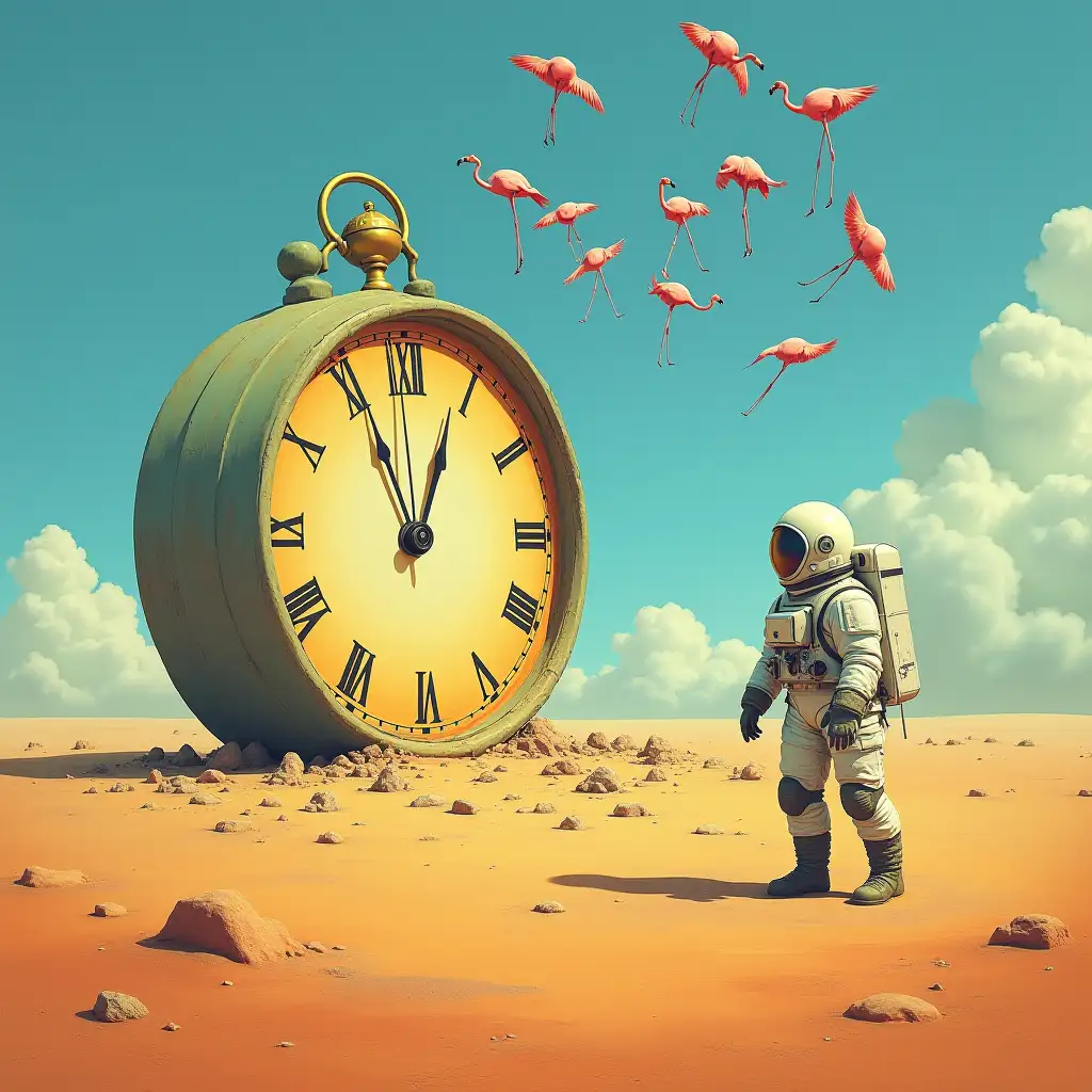 A surreal landscape featuring a giant clock melting in a desert, a lone astronaut walking towards it, and a flock of pink flamingos flying overhead, in the style of Salvador Dali.