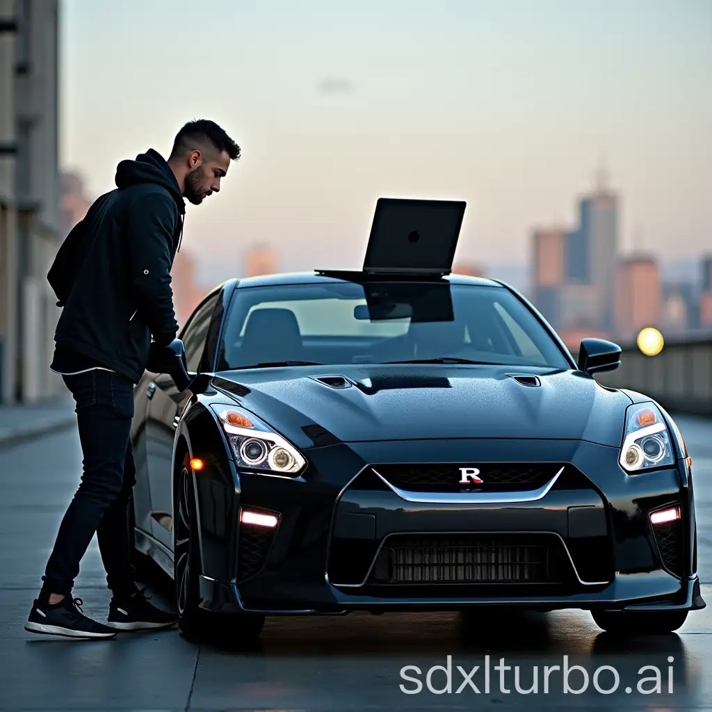 a fitness hacker standing beside nissan gtr car and he is working with his laptop which is on top of his car