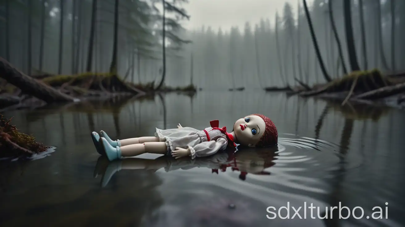 Doll-Floating-on-Stagnant-Water-in-Gloomy-Forest-with-Foggy-Weather