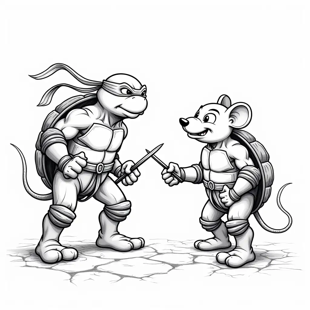 Big-Ninja-Turtles-Saving-Cartoon-Mouse-in-Black-and-White-Drawing