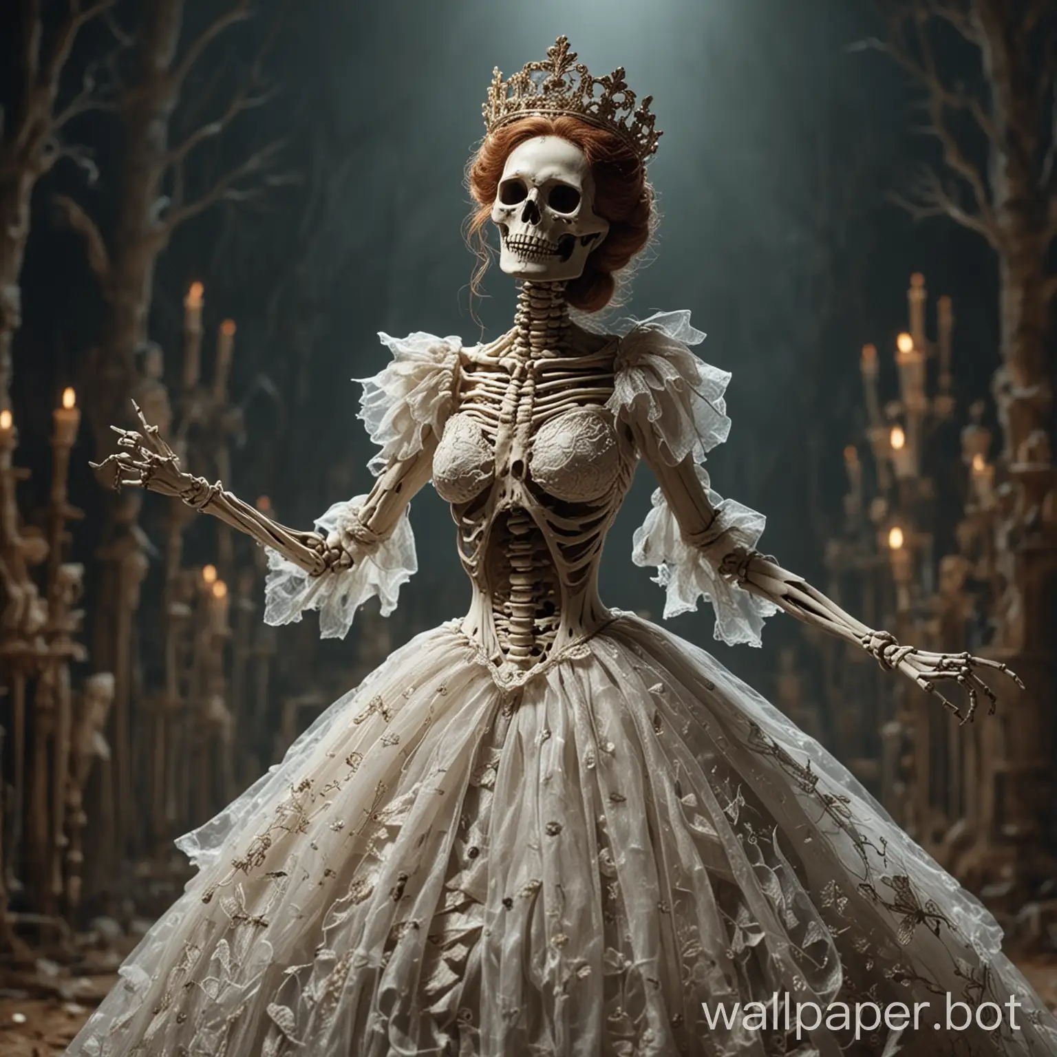 The skeleton queen in a dress sings and dances like in a musical