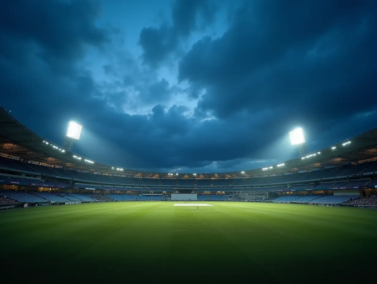 Modern sport arena or stadium at night and cricket field with lights cloudy sky