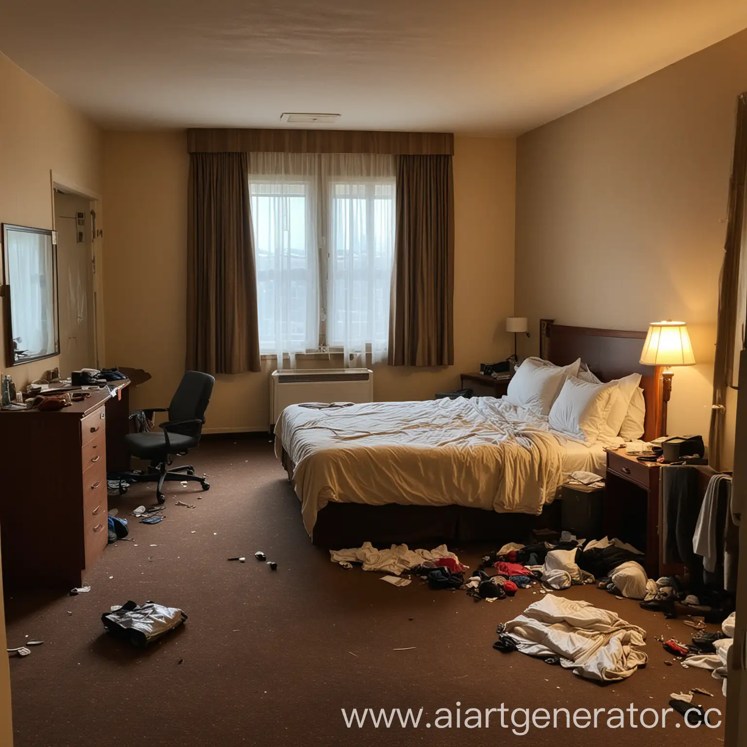 an economic and messy hotel room, with very little light, at night, with a carpeted floor, with the window closed.