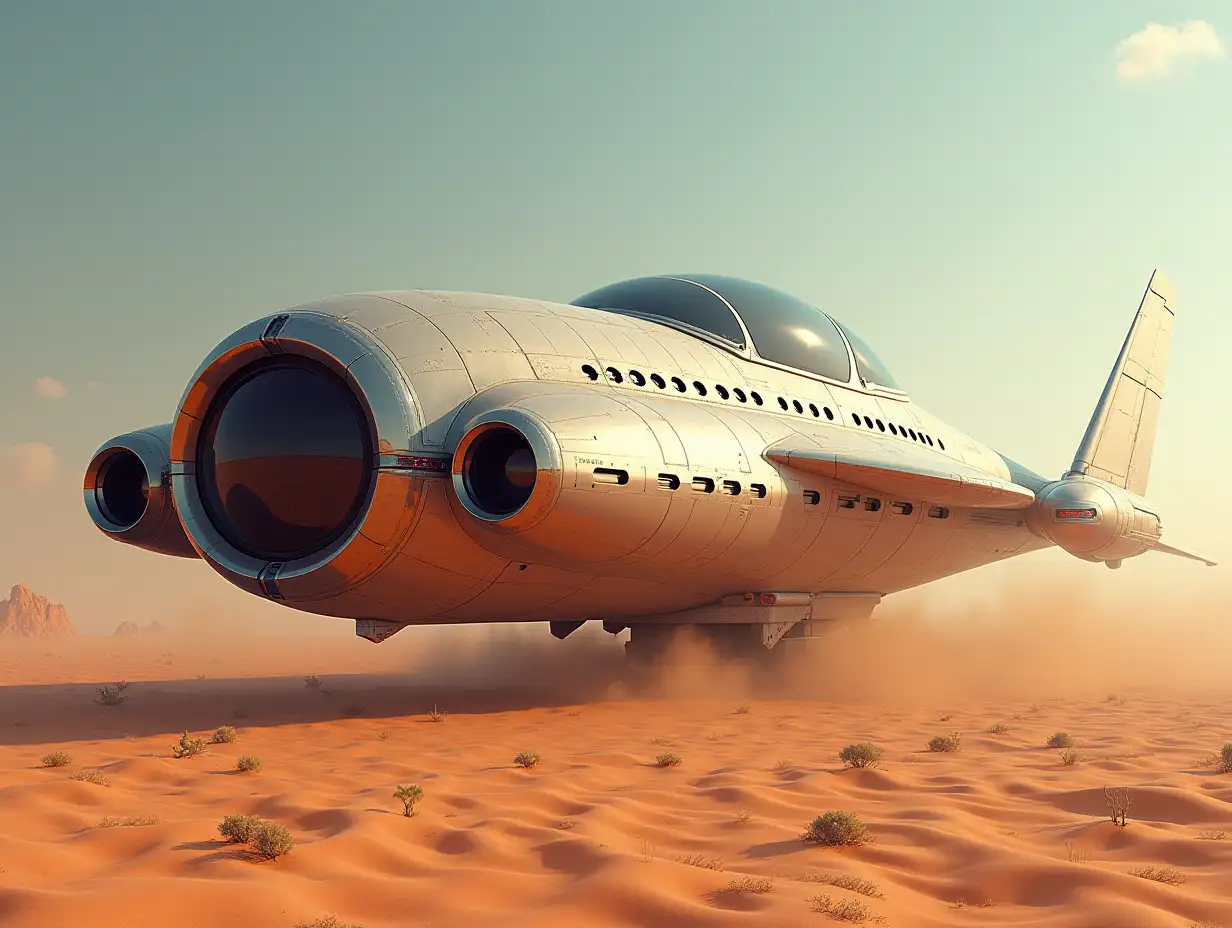 Create a high-gloss spaceship in the desert